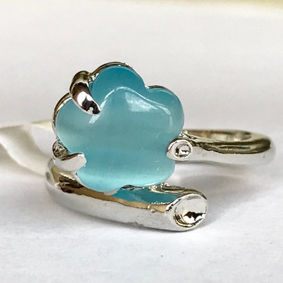 Vintage Aqua Blue Cats Eye Stone Flower Ring Size 7 Wrap Retro Silver Plated - Picture 4 of 11